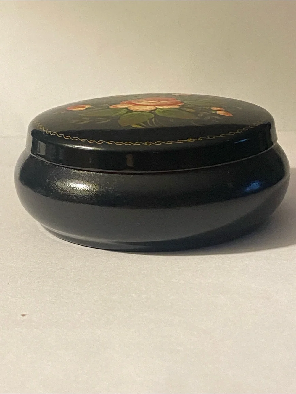 Vintage Russian Hand Painted Black Metal Tin Small Jewelry Trinket Box Floral